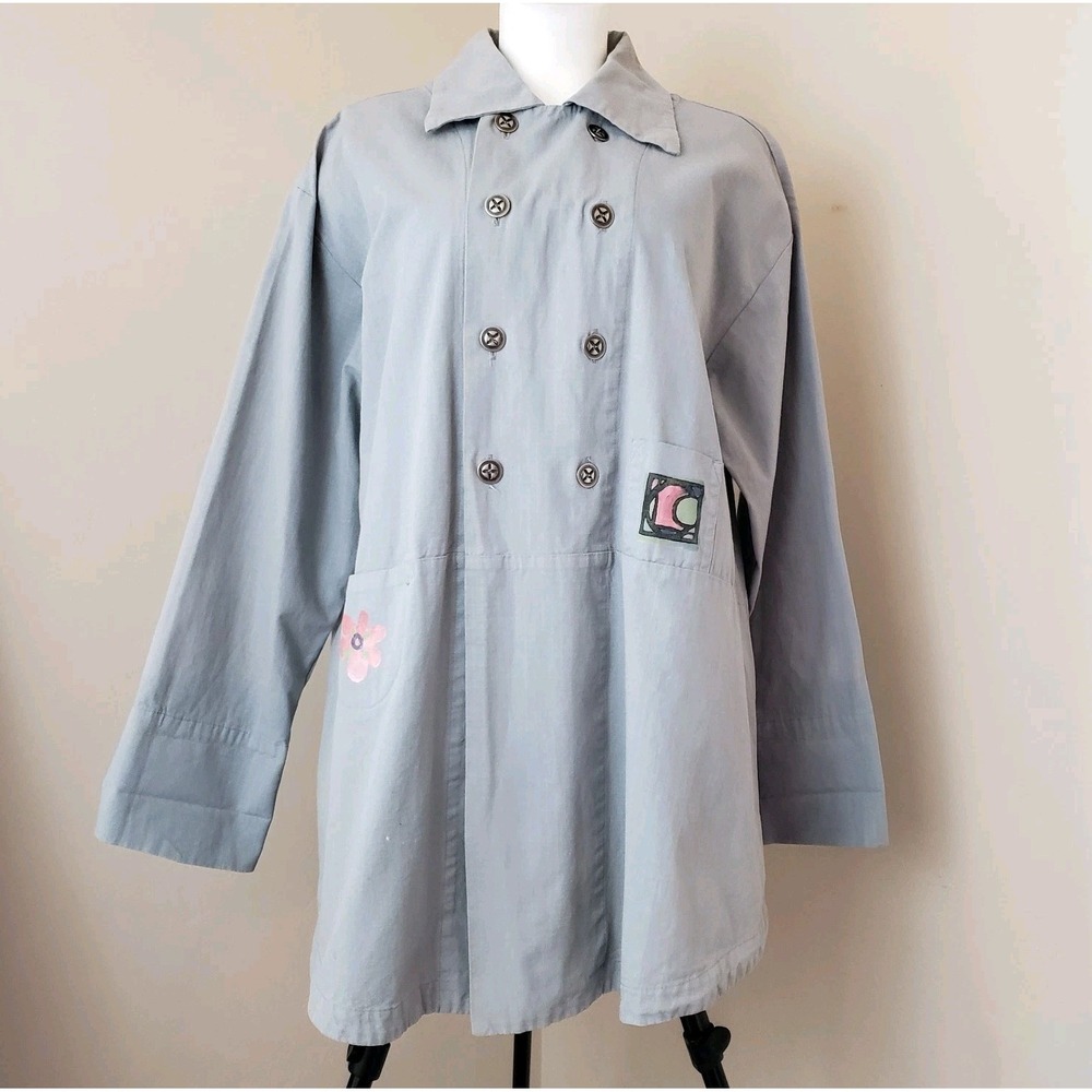 VTG Blue Fish Clothing Hand Painted Double Breasted Long Jacket M -‎ XL